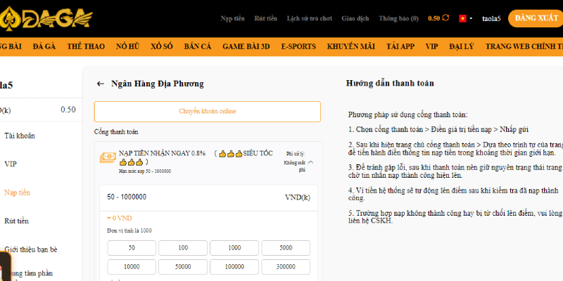 Hướng dẫn nạp tiền nhanh vào tài khoản chơi game tại Daga